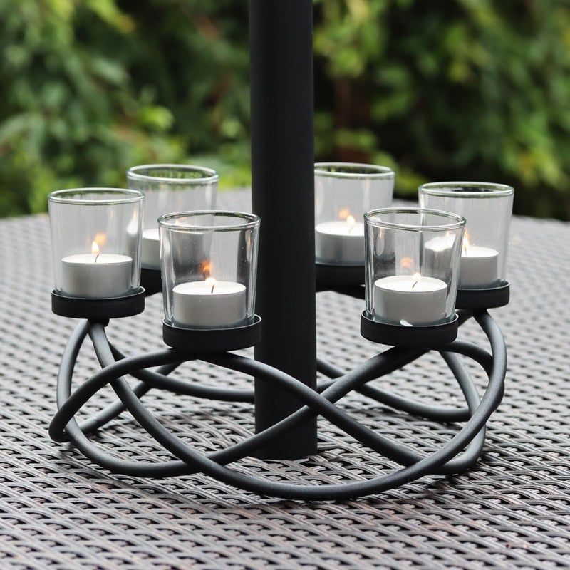 Seraphic Iron Round Table Decor Centerpiece Decorations Candle Holder for Weddings  Outdoor Patio  Kitchen  Dining Room  and Coffee Tables  Glass Votive Tealight Holders  Black  6 Clear Cups - Image 2